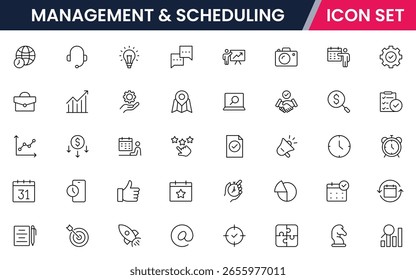 Management and scheduling vector line icons featuring calendars, clocks, planners, tasks, deadlines, reminders, charts, teamwork, and productivity tools.