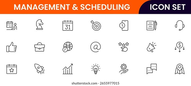 Iconos de líneas de Vector de administración y programación con calendarios, relojes, planificadores, tareas, fechas límite, recordatorios, gráficos, trabajo en equipo y herramientas de productividad.