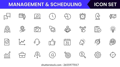 Iconos de líneas de Vector de administración y programación con calendarios, relojes, planificadores, tareas, fechas límite, recordatorios, gráficos, trabajo en equipo y herramientas de productividad.