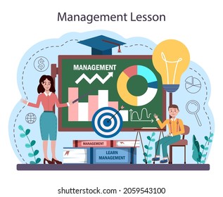 Curso de la escuela de administración. Educación de las humanidades. Estudiantes que estudian estructura empresarial y administración. Idea de trabajo en equipo y elaboración de estrategias para el éxito. Ilustración vectorial plana