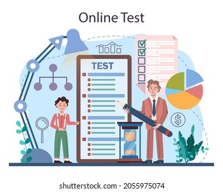 Servicio o plataforma en línea del curso de administración escolar. Estudiantes que estudian estructura empresarial y administración. Prueba en línea. Ilustración vectorial plana