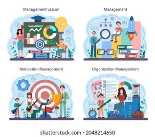 Management school course set. Humanities education. Students studying business structure and administration. Idea of team work and strategy making for success. Flat vector illustration
