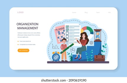 Banner web o página de inicio del curso de la escuela de administración. Educación de las humanidades. Estudiantes que estudian estructura empresarial y administración. Ilustración vectorial plana