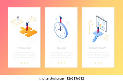 Management - set of isometric vector vertical web banners on yellow background with copy space for text. Businessman on puzzle, clock, showing diagrams. Teambuilding, deadline, business growth concept