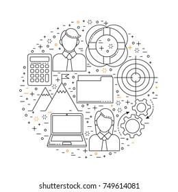 Management set, line art icons, vector business concept