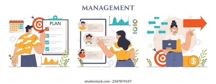 Management set. Successful strategy development and business planning. Motivation and leadership. Project manager, company ceo idea. Flat vector illustration