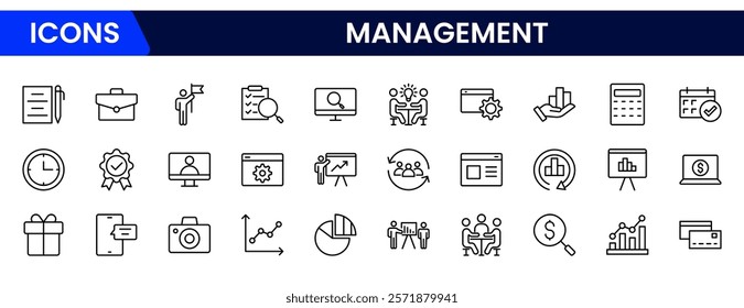 Management set of web icons in line style. Business or organisation management icons for web and mobile app. Time management, planning, project, startup, marketing. Vector illustration