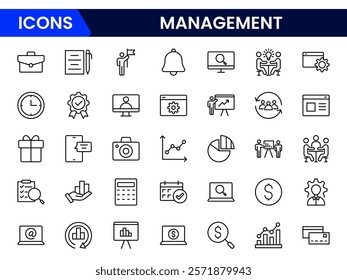 Management set of web icons in line style. Business or organisation management icons for web and mobile app. Time management, planning, project, startup, marketing. Vector illustration