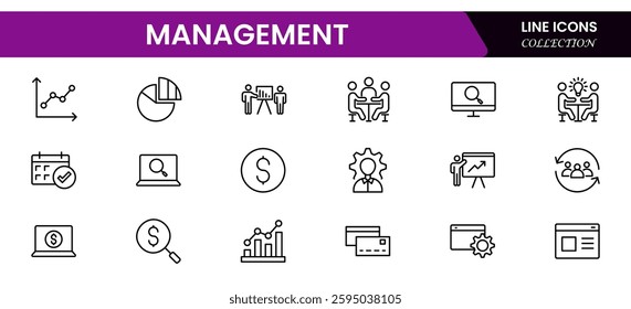 Management set of web icons in line style. Business or organisation management icons for web and mobile app. Time management, planning, project, startup, marketing. Vector illustration