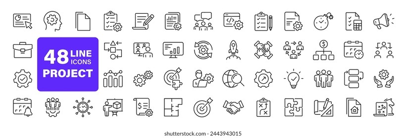 Management set of web icons in linear style. Project management icons for web and mobile app. Business, organisation management, planning, project, startup, marketing, teamwork. Vector illustration