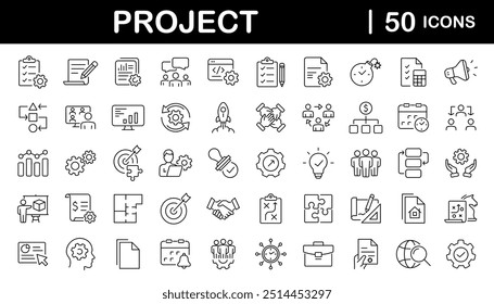 Management-Satz von Web-Icons im linearen Stil. Projektmanagement-Symbole für Web- und mobile Apps. Business, Organisationsmanagement, Planung, Projekt, Start-up, Marketing, Teamarbeit. Vektorgrafik