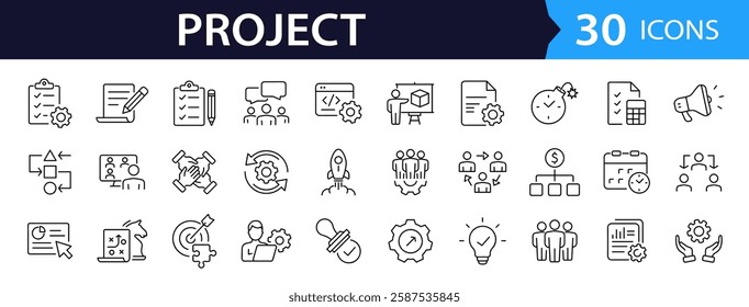 Management set of web icons in linear style. Project management icons for web and mobile app. Business, organisation management, planning, project, startup, marketing, teamwork. Vector illustration