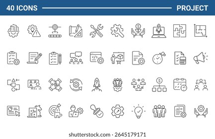 Conjunto de gerenciamento de ícones da Web em estilo linear. Ícones de gerenciamento de projeto para aplicativo móvel e Web. Negócios, gerenciamento de organização, planejamento, projeto, inicialização, marketing, trabalho em equipe. Ilustração vetorial