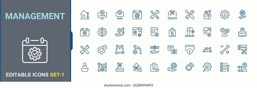 Management simple icon set. Includes symbols for work, industrial, tools, repair and more. Maintenance icon collection. Minimalist editable vector stroke. Editable vector art.
