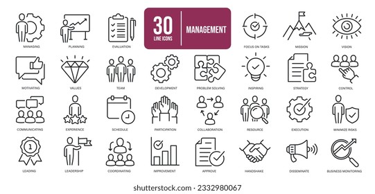 Management simple minimal thin line icons. Related business, achievement, planning, success, solution. Vector illustration. 