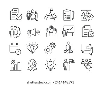 Management simple minimal thin line icons. Related business, achievement, planning, success, solution. Vector illustration. 