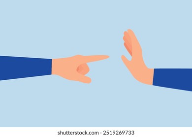 Management skill to stop disagreement conflict, businessman is using one hand to point at another person and using his other hand to make a stop gesture.