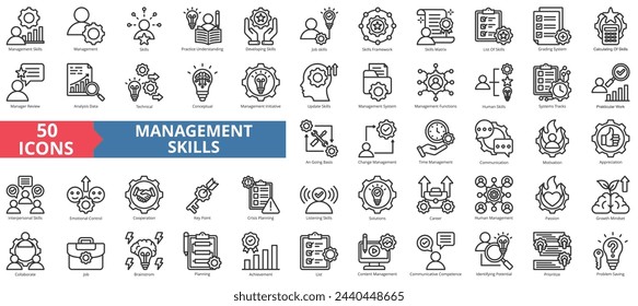 Management skills icon collection set. Containing learning, expertise, job, framework, competence, analysis, implementation icon. Simple line vector illustration.