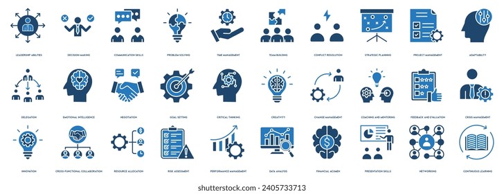 Management Skills icon line set vector illustration. Leadership Abilities, Decision-Making ,Communication Skills, Problem Solving, Team Building, Conflict Resolution, Strategic Planning