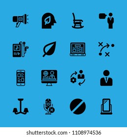 management, smartphone, speech, prohibited, strategy, leaf, megaphone, television and rocking chair vector icon. Simple icons set