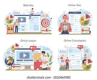 Management and social sciences school course online service or platform set. Humanities education. Online lesson, test, consultation, website. Flat vector illustration