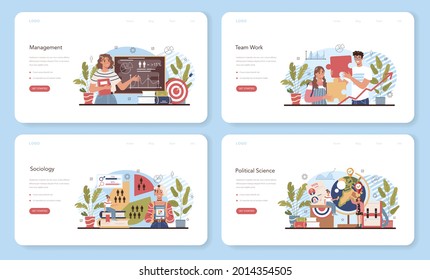 Banner web o página de inicio del curso escolar de administración y ciencias sociales. Educación de las humanidades. Idea de trabajo en equipo de negocios y de diseño de estrategias para el éxito. Ilustración vectorial aislada