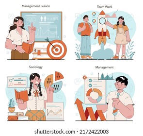 Management and social sciences school course set. Humanities education. Idea of business team work and strategy making for success. Flat vector illustration