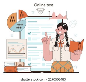 Management and social sciences school course online service or platform. Humanities education. Team work and business strategy. Online test. Flat vector illustration