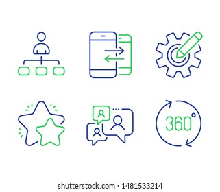 Management, Star and Phone communication line icons set. Support chat, Cogwheel and 360 degrees signs. Agent, Customer feedback, Incoming and outgoing calls. Comment bubble. Technology set. Vector