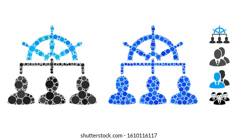 Management steering wheel composition of round dots in variable sizes and color tinges, based on management steering wheel icon. Vector dots are combined into blue illustration.