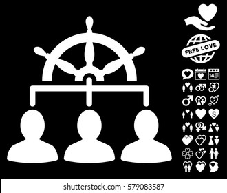 Management Steering Wheel icon with bonus love design elements. Vector illustration style is flat iconic white symbols on black background.