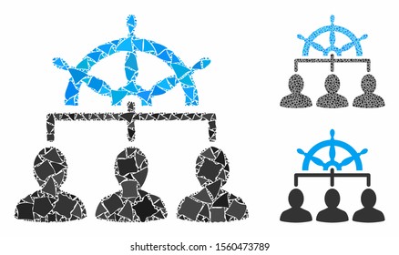 Management steering wheel mosaic of trembly parts in variable sizes and color tints, based on management steering wheel icon. Vector rugged parts are grouped into illustration.