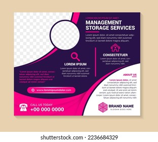 management storage services horizontal banner design. abstract modern flyer template with dark purple background color and space for the photo collage. curve pink element with shadow.
