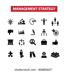 management strategy, goal, leadership, team icons, signs, illustrations set, vector