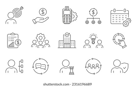 Management Strategy Line Icon Set. Teamwork in Business Linear Pictogram. Team Organization, Development, Partnership Outline Symbol. Human Resources. Editable Stroke. Isolated Vector Illustration.
