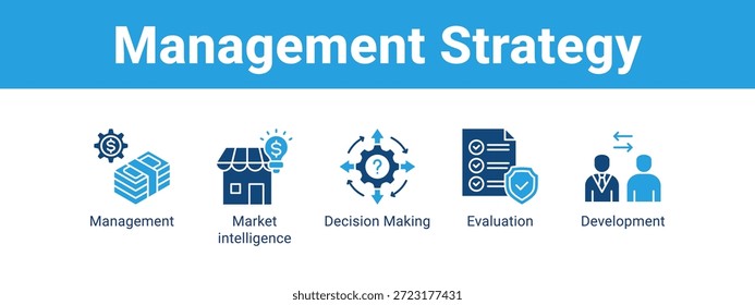 Management-Strategie Web-Banner Symbol Vektorgrafik-Konzept , mit Symbol des Managements, Market Intelligence, Entscheidungsfindung.