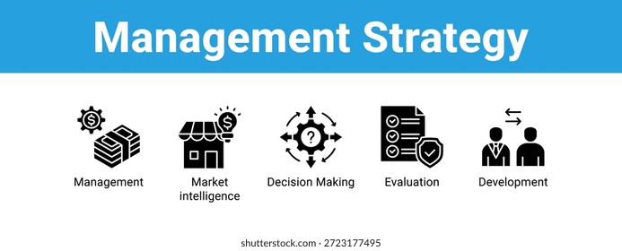 Estratégia de gerenciamento ícone de banner da web vetor ilustração conceito , com ícone de gerenciamento, inteligência de mercado, tomada de decisão.