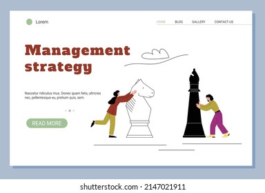 Management strategy website banner template with cartoon business people playing chess, flat vector illustration. Strategy of leadership and business, teamwork.