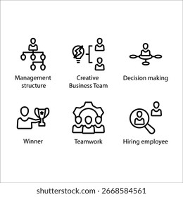 Estrutura de gerenciamento, Equipe de negócios, Tomada de decisões, Vencedor, Trabalho em equipe, Contratar funcionário, ícone, Ícone de linha Definir