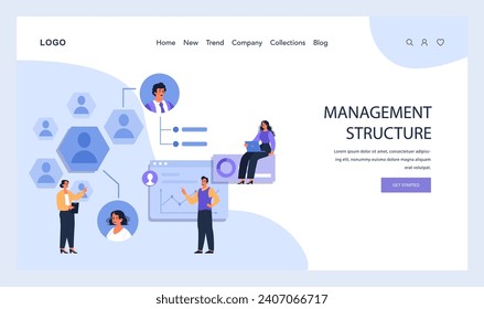 Management Structure concept. Team collaborating on a digital chart, showcasing hierarchical positions in a modern corporate setup. Efficient organizational design. Flat vector illustration.