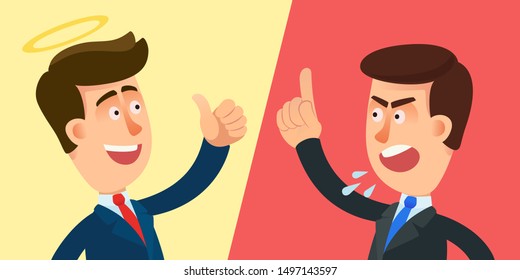 Management style - carrot and stick. Versus background  with good and evil manager, angel boss and demon boss. Vector illustration, flat design, cartoon style.