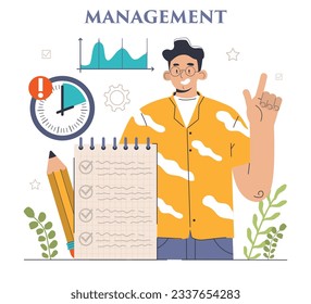 Management. Successful strategy development and business planning. Motivation and leadership. Project manager, company ceo idea. Flat vector illustration