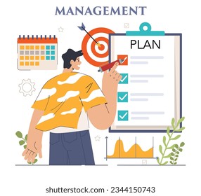 Management. Successful strategy development and business planning. Motivation and leadership. Project manager, company ceo idea. Flat vector illustration
