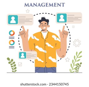 Management. Successful strategy development and business planning. Motivation and leadership. Project manager, company ceo idea. Flat vector illustration