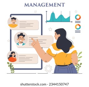 Gestión. Elaboración de estrategias y planificación de actividades exitosas. Motivación y liderazgo. Director de proyecto, idea de director de empresa. Ilustración vectorial plana