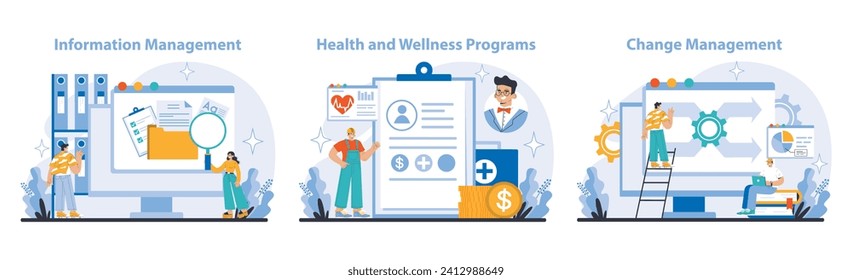 Management and Support set. Data integrity in information management, employee wellbeing in health programs, and adaptability in change management. Operational process enhancement.