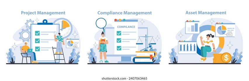 Management and Support set. Project checkpoints, compliance adherence, and financial asset oversight in business operations. Strategy execution and regulatory alignment depicted. vector illustration.