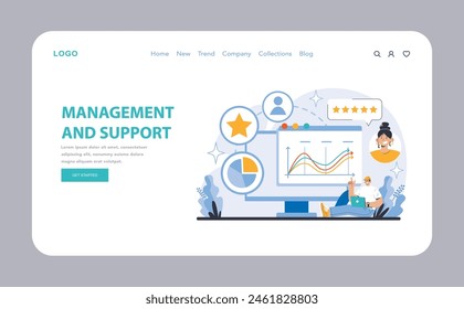 Management and Support web or landing page. Effective operational process visualization with a focus on user satisfaction and analytics. Key performance indicators and customer service highlighted.