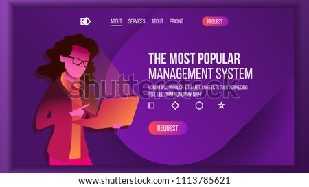 Management System Landing Page Vector. Store. Woma With Laptop. Business Processes. Main Website Page Design. Consumerism Template Illustration
