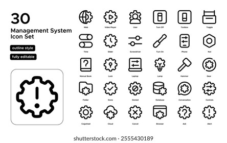 Management System Line Icon Set: Administrative Controls, Workflow Management, and System Configurations Icons